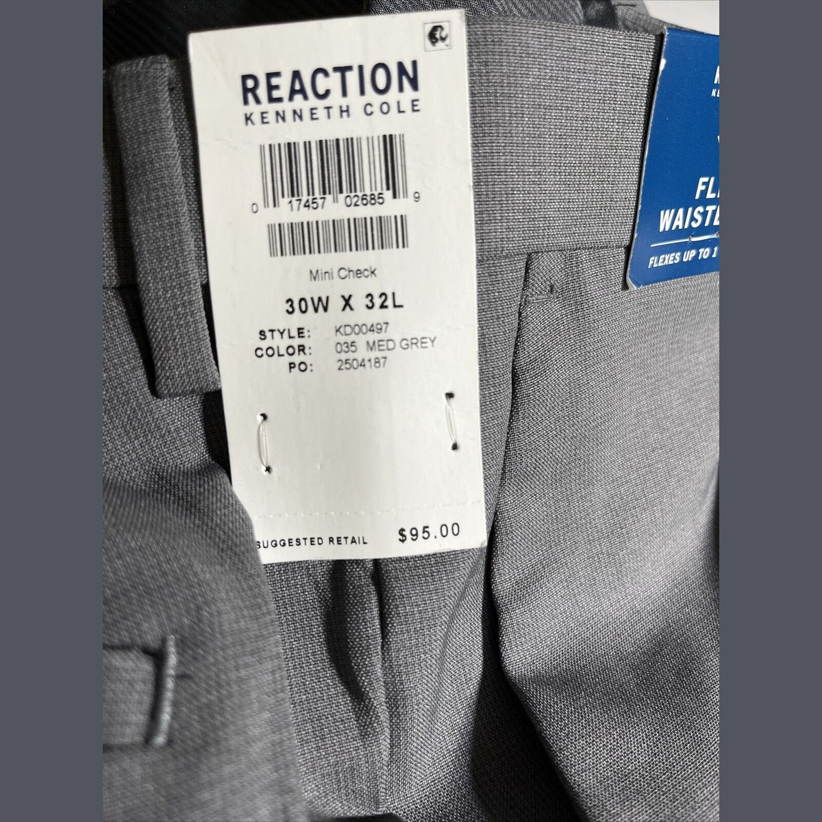 Kenneth Cole Reaction Pants Modern Fit Micro Check- Medium Gray- 30W X 32L- New