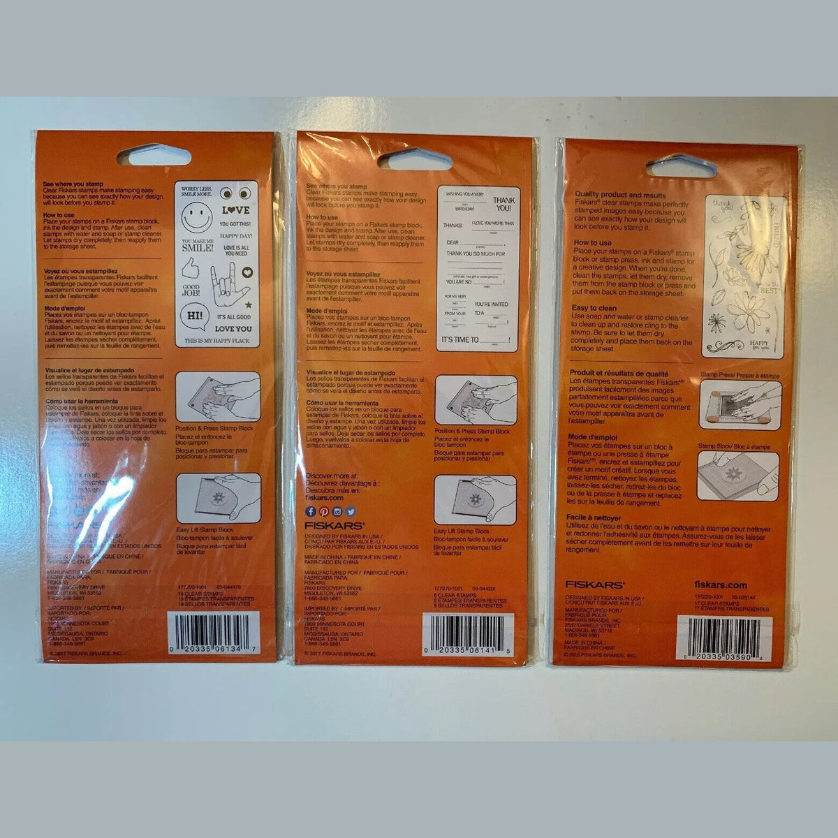 Lot Of 3 Fiskars Clear Stamps 4"X8" - All Smiles, Fill In The Blank, Petals