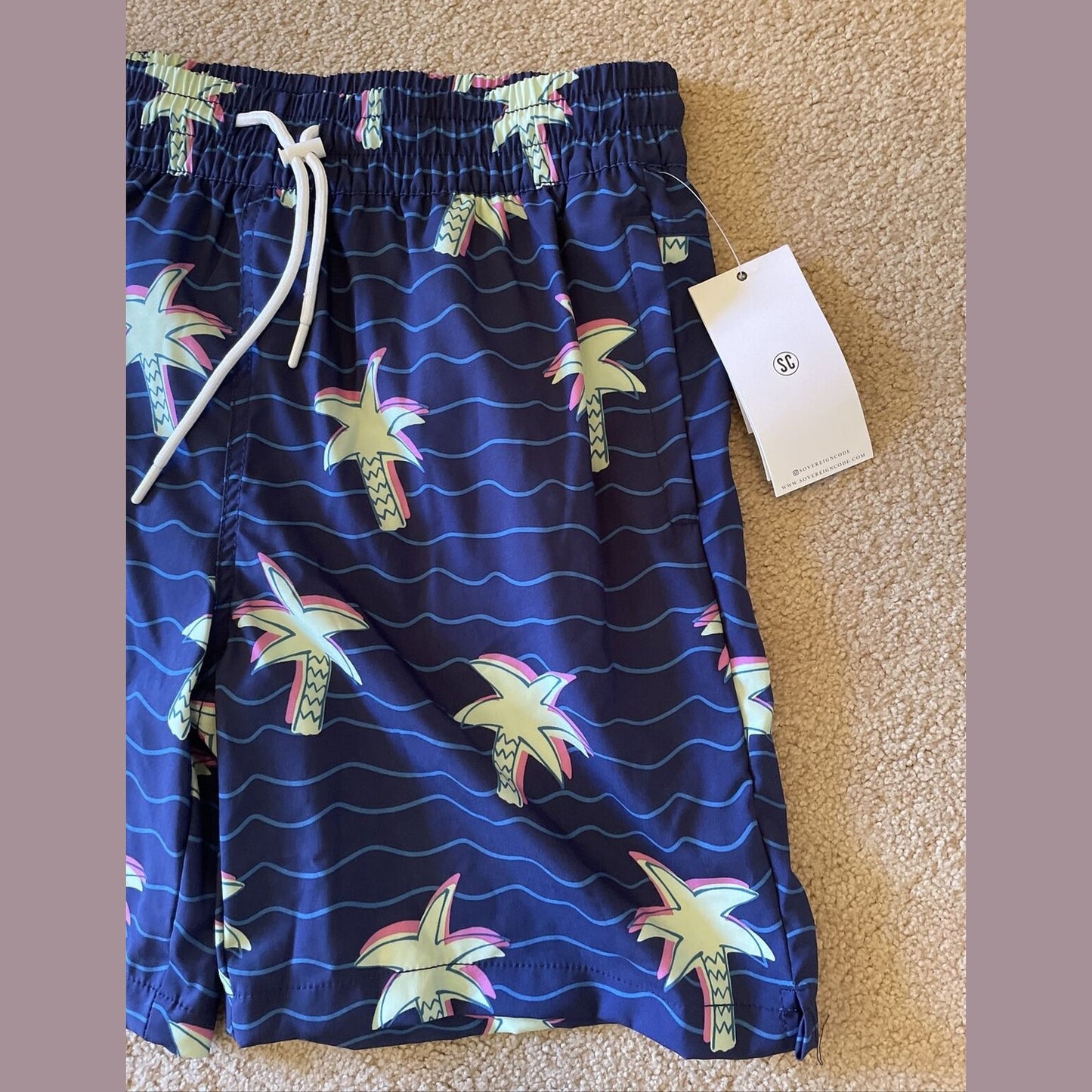 Sovereign Code Swim Trunk Men's - Size Medium - Seaside Palms- Navy- New