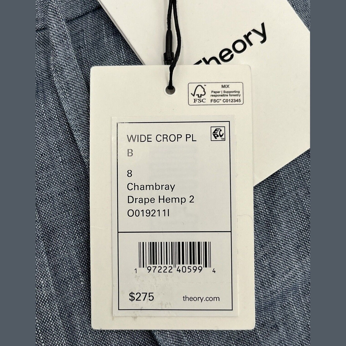$275 Theory Women’s Wide Leg Cropped Chambray Drape Hemp Pants-Blue-Size: 8 New