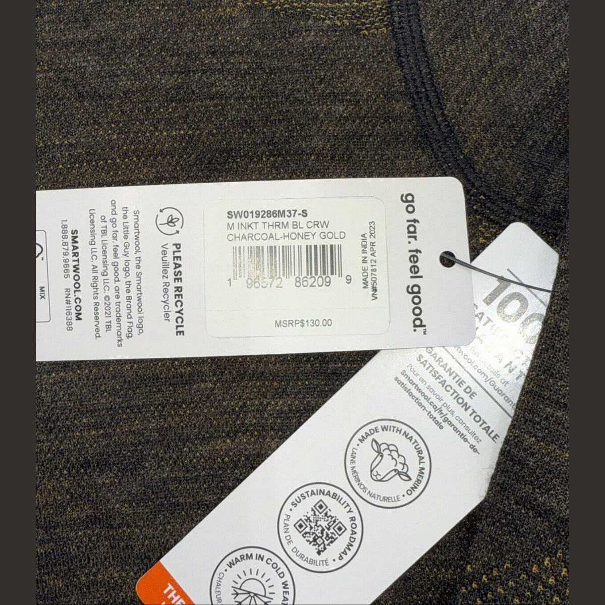 $130 Smartwool Men's Base Layer Intraknit Merino Crew-Charcoal Honey-Small-NEW