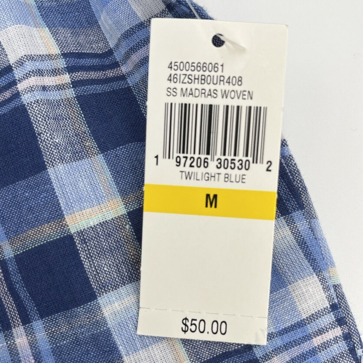 $50 Izod Men’s Linen Blend Madras SS Button Up Shirt-Twilight Blue Plaid-Medium