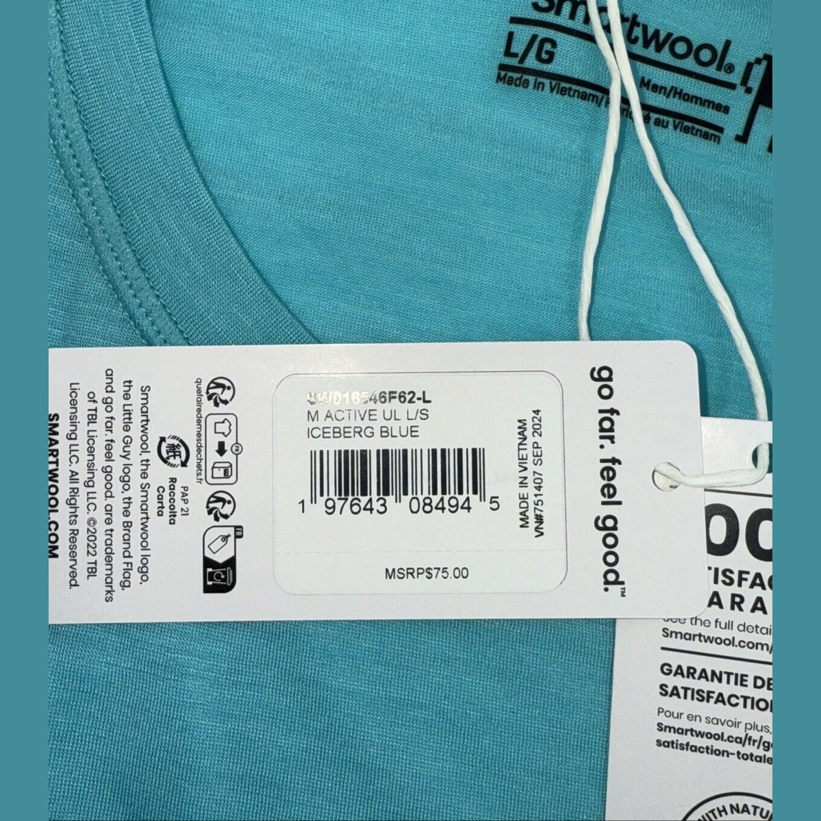 $75 Smartwool Men’s Active Ultralight Long Sleeve Shirt-Iceberg Blue-Large -New