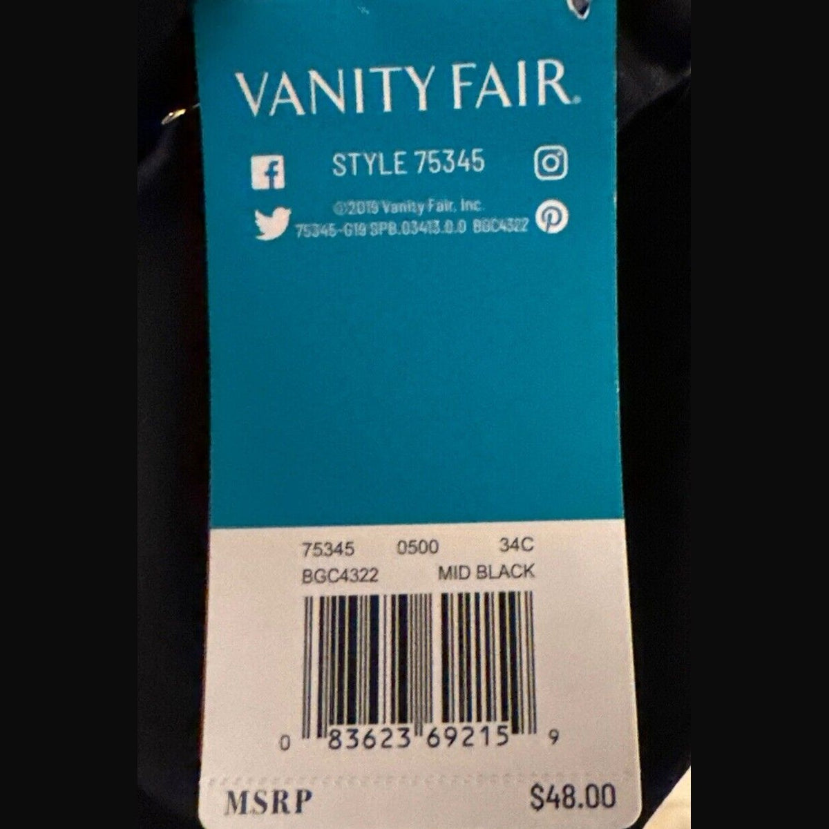 Vanity Fair Women’s Lingerie Beauty Back Full-Coverage Bra 75345- Black- 34C