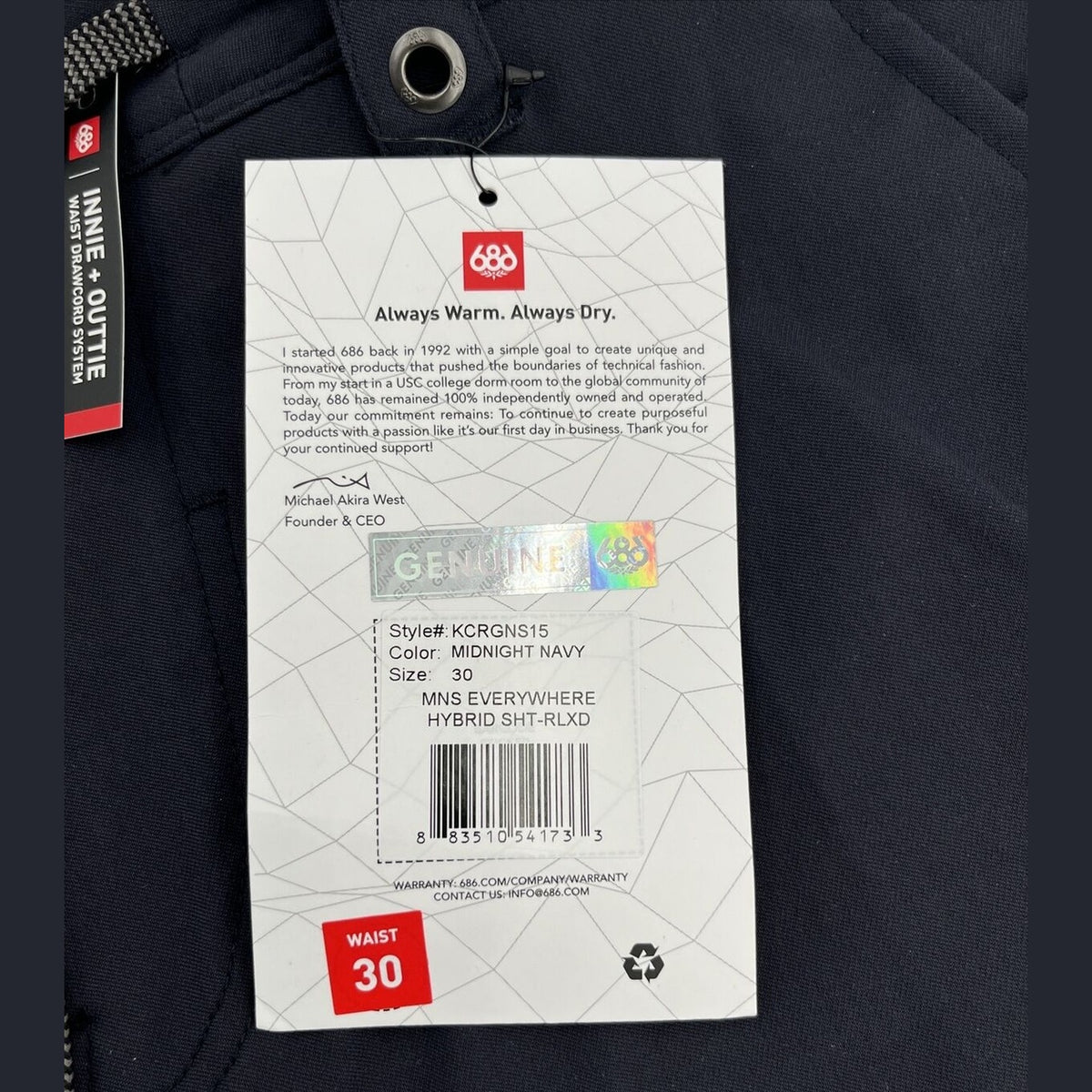 $75 686 Everywhere Hybrid Shorts 11" Chino Shorts-Dark Navy- Size: 30W-New