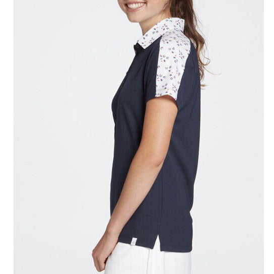 Lady Hagen Women's Printed Block Golf Polo Shirt - Navy/white - Medium - New $55