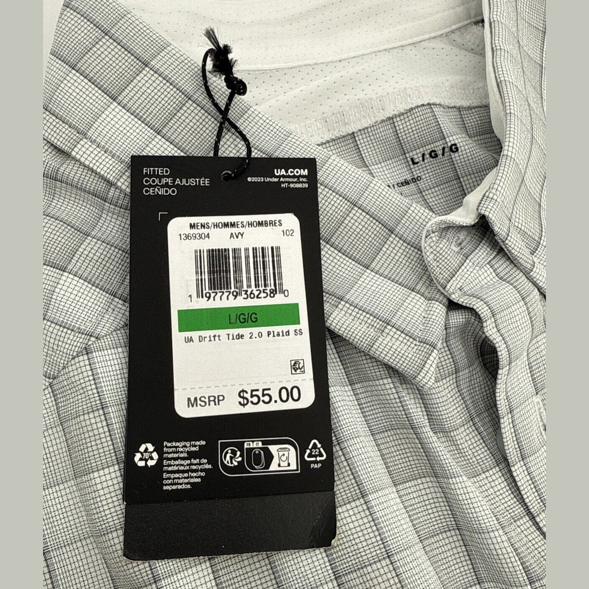 $55 Under Armour Men's Plaid UA Tide Chaser 2.0 Button Front Shirt-Grey-Large