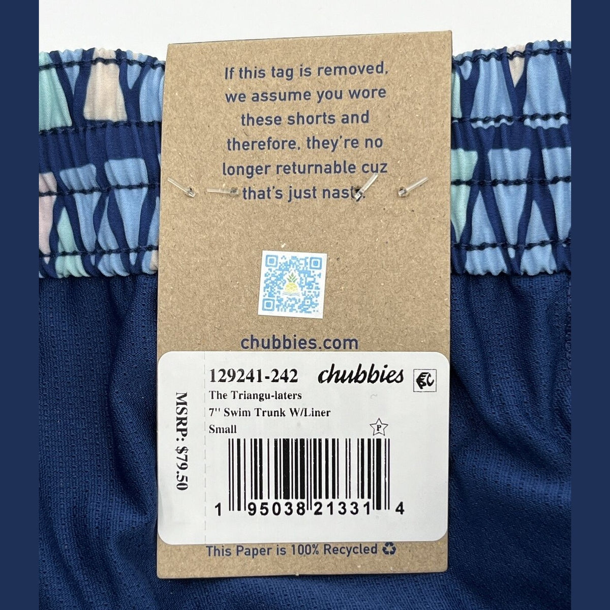 Chubbies Men's Stretch Swim Trunks 7”- The Triangu laters-Blue- Small -New $80