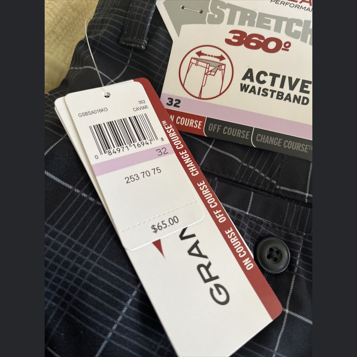 Grand Slam Performance 360 Stretch Plaid Golf Shorts Mens-Caviar Black-Size 32W-