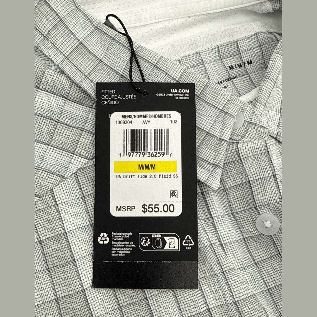 $55 Under Armour Men's Plaid UA Tide Chaser 2.0 Button Front Shirt-Grey-Medium