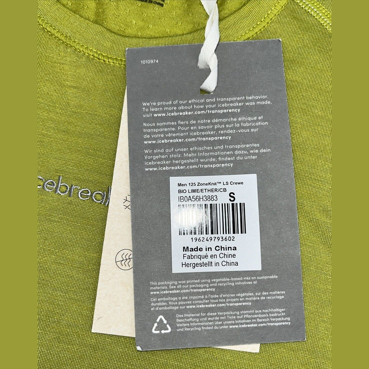 $125 Icebreaker Men’s 125 ZoneKnit L/S Crewe Base Layer Top-Bio Lime-Small-New