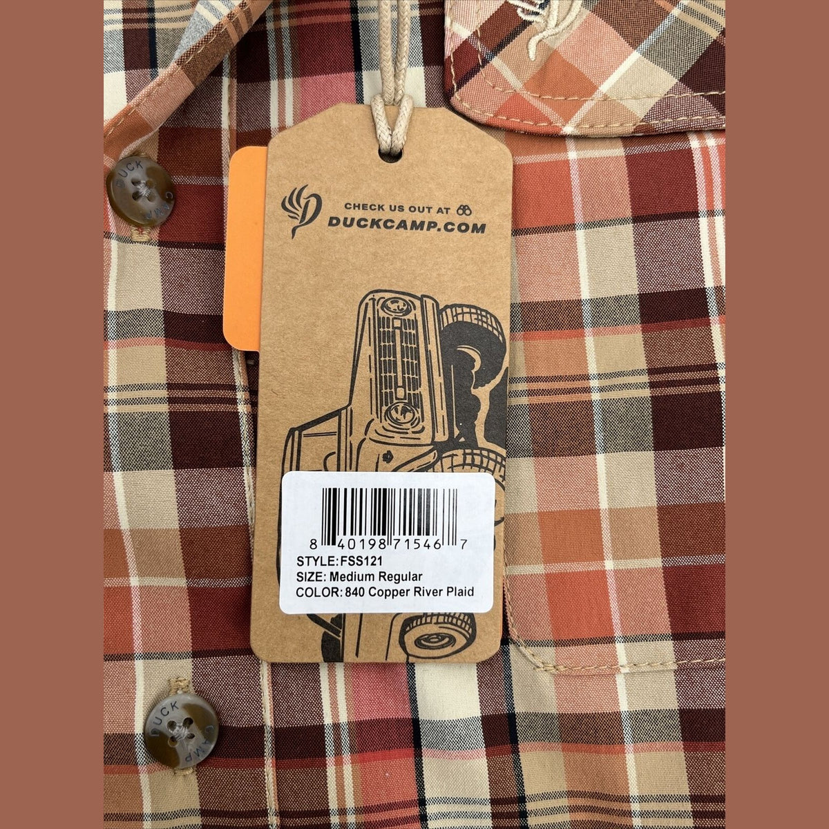 $74 Duck Camp Men’s Fishing Shirt Copper River Plaid Caped Vented Fish- Medium