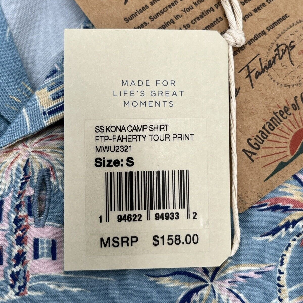 $158 Faherty Men’s Kona Short Sleeve Camp Shirt Tour Print Button-Blue-Small-New