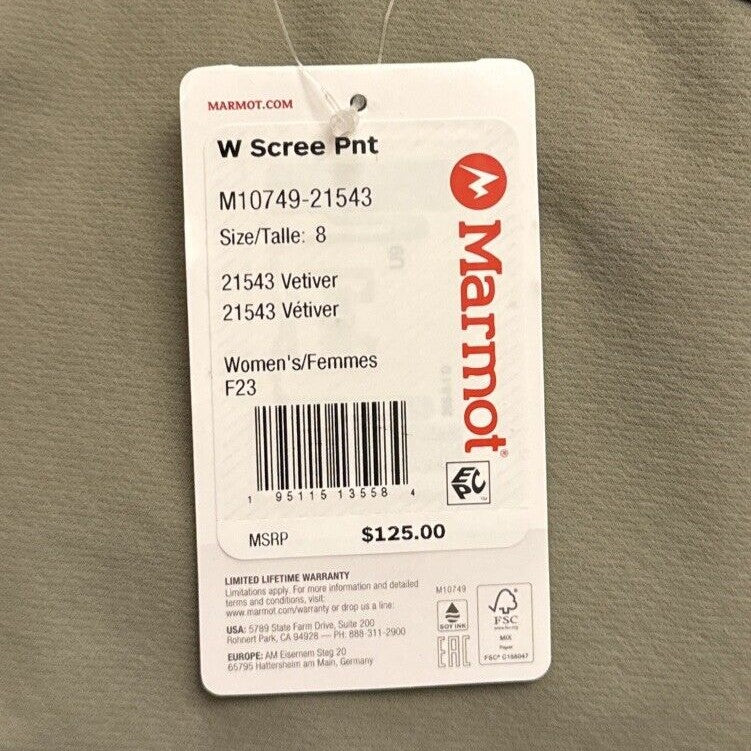 $125 Marmot Women's Scree Pants- Vetiver-Size 8 - NWT