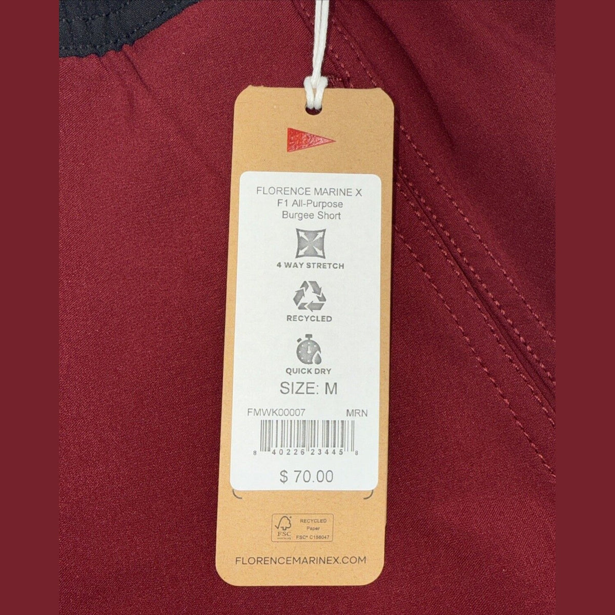 $70 Florence Marine X Burgee F1 All Purpose 7" Shorts - Maroon- Medium - NEW Tag
