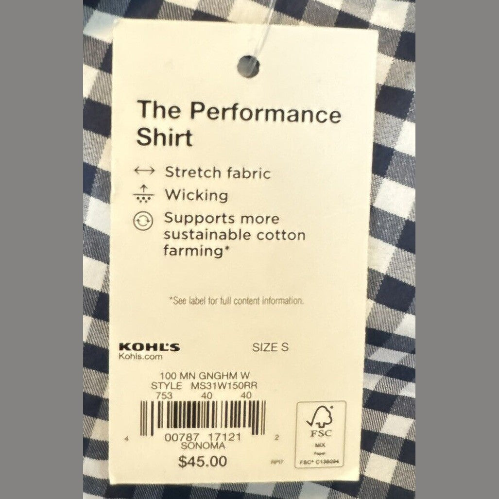 Sonoma Men’s Performance Button-Down Shirt- Navy Gingham- Small- NWT
