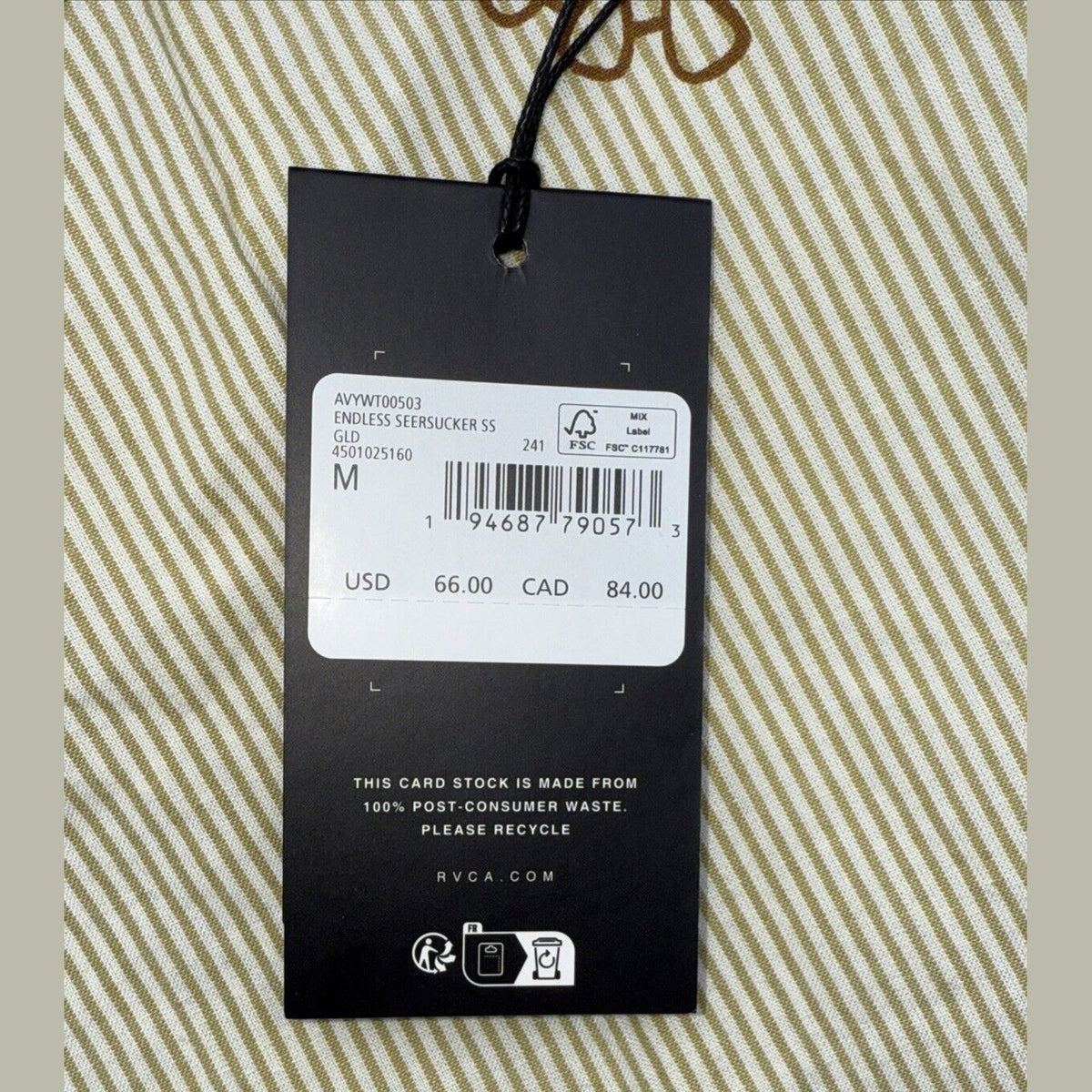 $66 RVCA Men's S/S Button Shirt ENDLESS SEERSUCKER - Gold - Medium - New W Tags