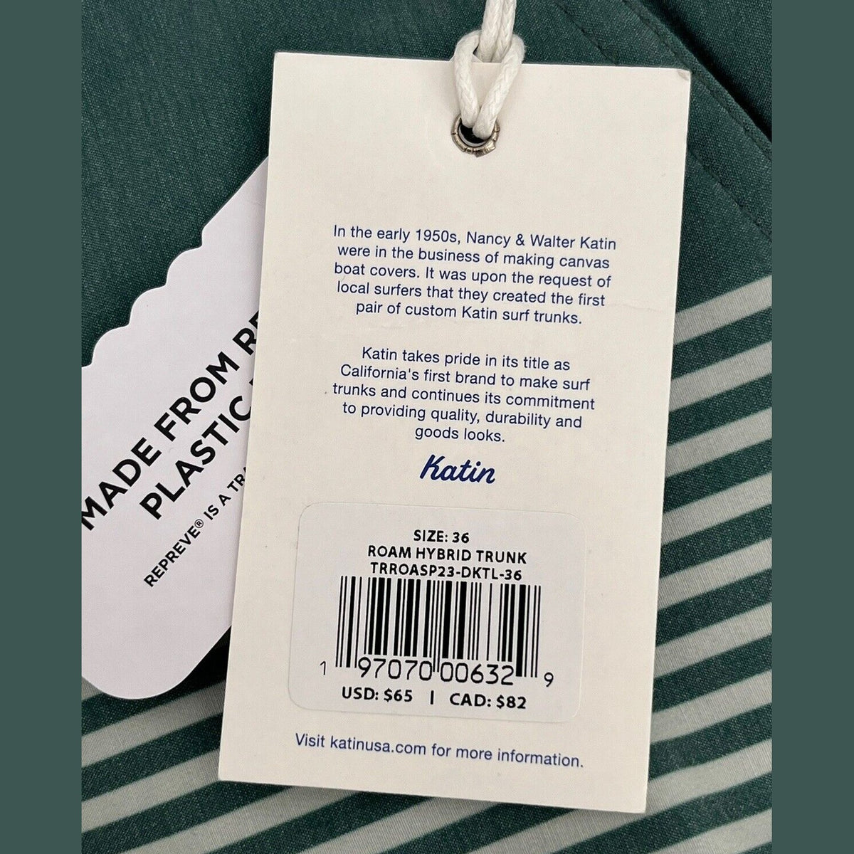 $65 Katin Men’s Hybrid Roam Trunk Shorts -Green Dark Teal-Size: 36" W - NEW
