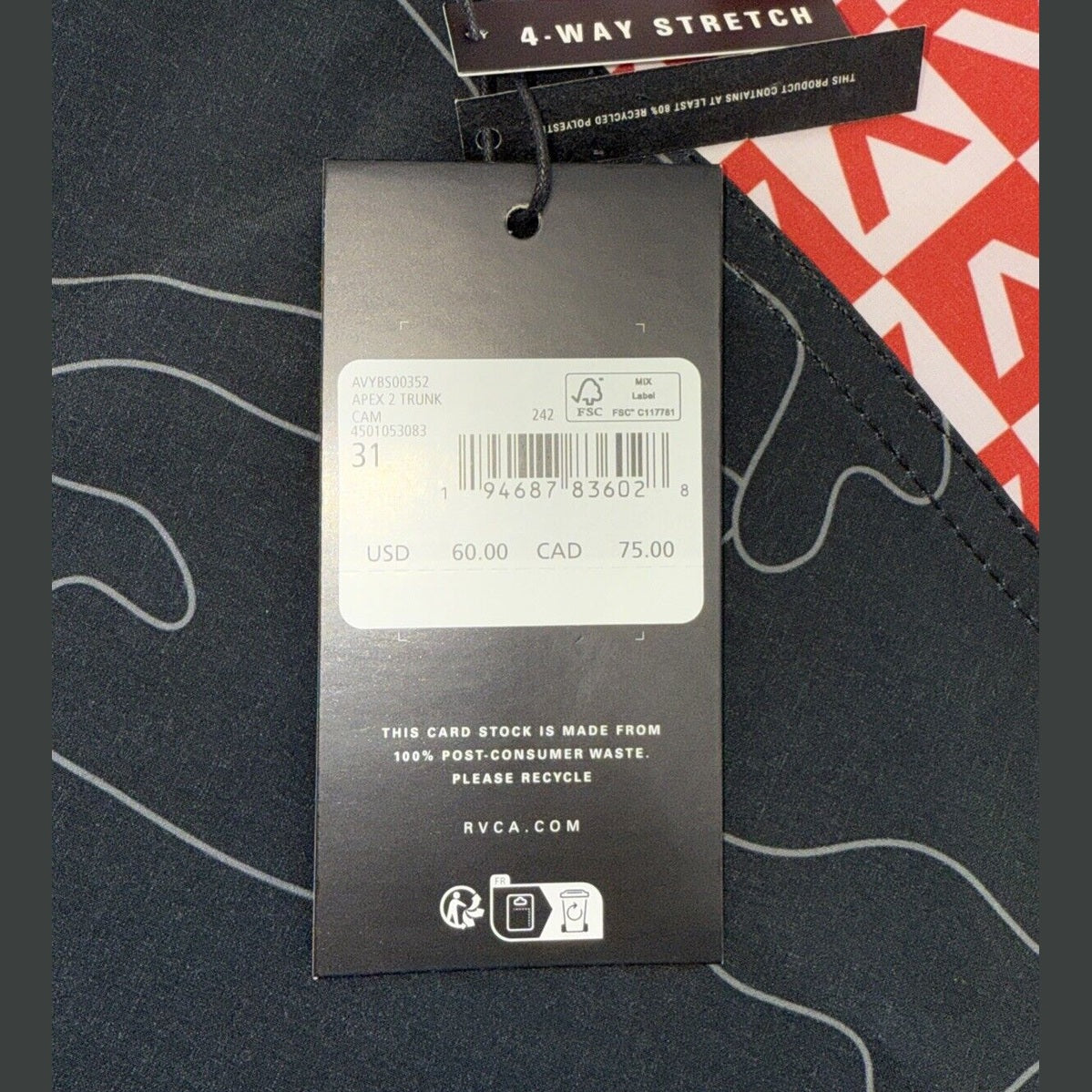 $60 RVCA Men’s Apex 2 - 18" Boardshorts Trunk - Camo Black/Red- Size: 31”- New