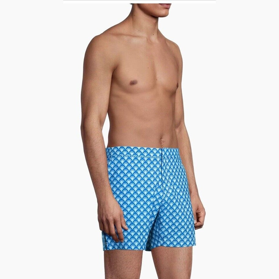 $89 FAIR HARBOR Men’s Sextant Swim Trunk Inner Lined Shorts-Blue Deco-Size: 32W