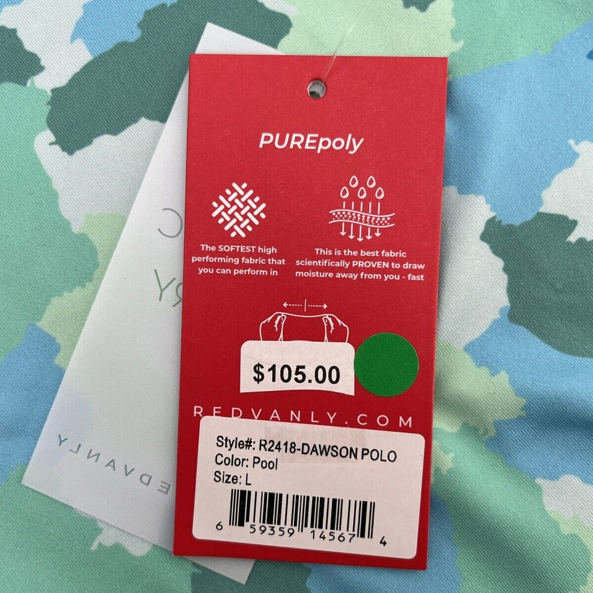 $105 Redvanly Men’s Dawson Golf Polo Shirt - Pool Green - Large- New Tag