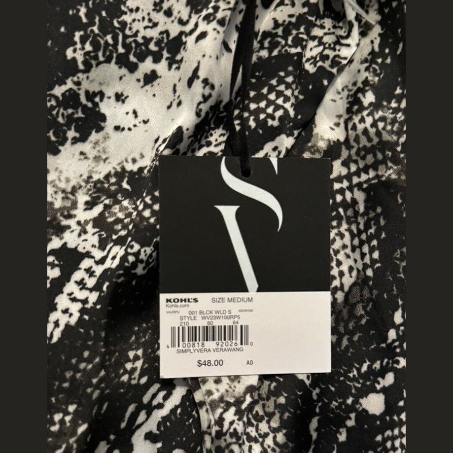 Simply Vera Women’s Roll-Tab Sleeve Popover Blouse Top- Black Snake- Med- NWT