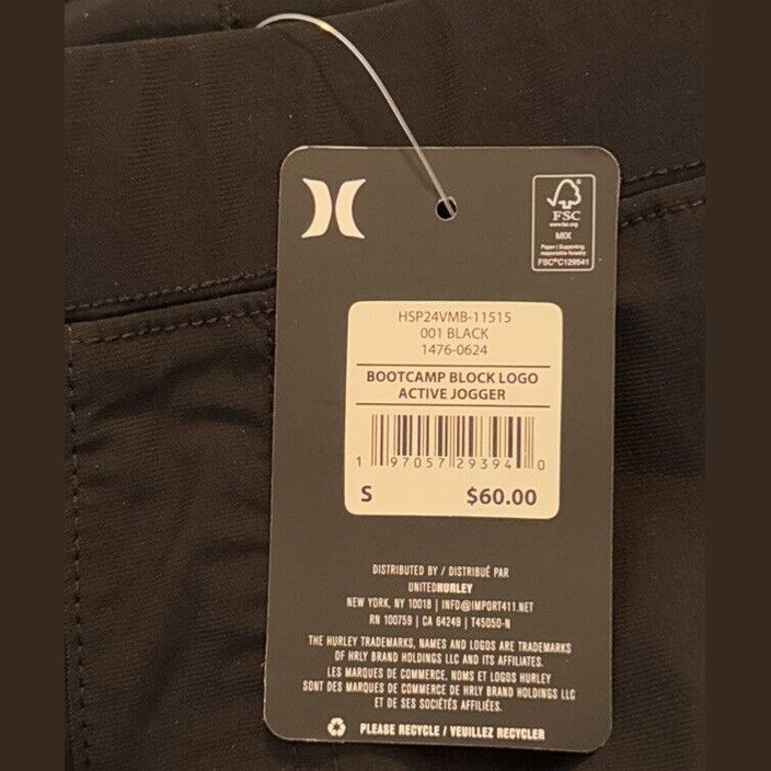 $60 Hurley Men's Bootcamp Block Logo Active Woven Joggers- Black - Small - New