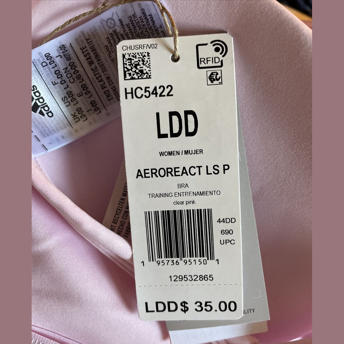 Adidas Aeroreact Training Light-Support Padded Bra- Clear Pink- Size: LDD - New