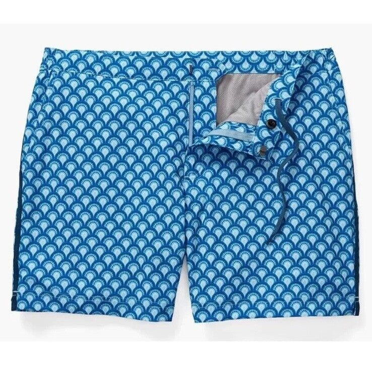 $89 FAIR HARBOR Men’s Sextant Swim Trunk Inner Lined Shorts-Blue Deco-Size: 32W