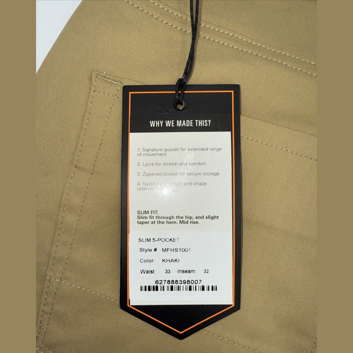 $139 DU/ER Men’s NuStretch Slim Fit 5 Pocket Chino Pants- Khaki - 33W 32L - New