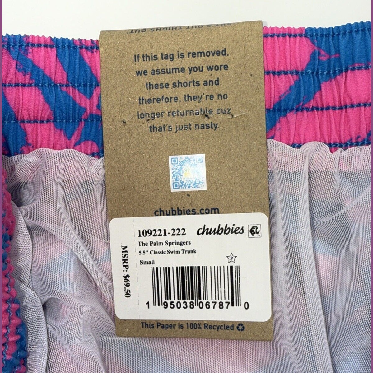 $70 Chubbies The Palm Springers 5.5" Inseam Swim Trunks-Pink/Blue-Small-New Tag