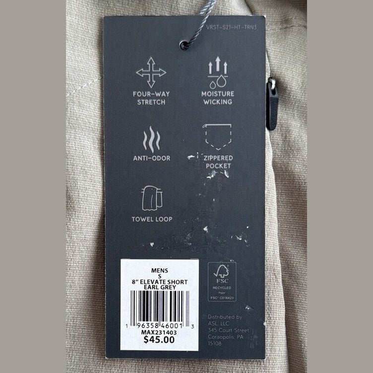 VRST Men's 8” Elevate Shorts - Earl Grey- Size: Small - MSRP $45