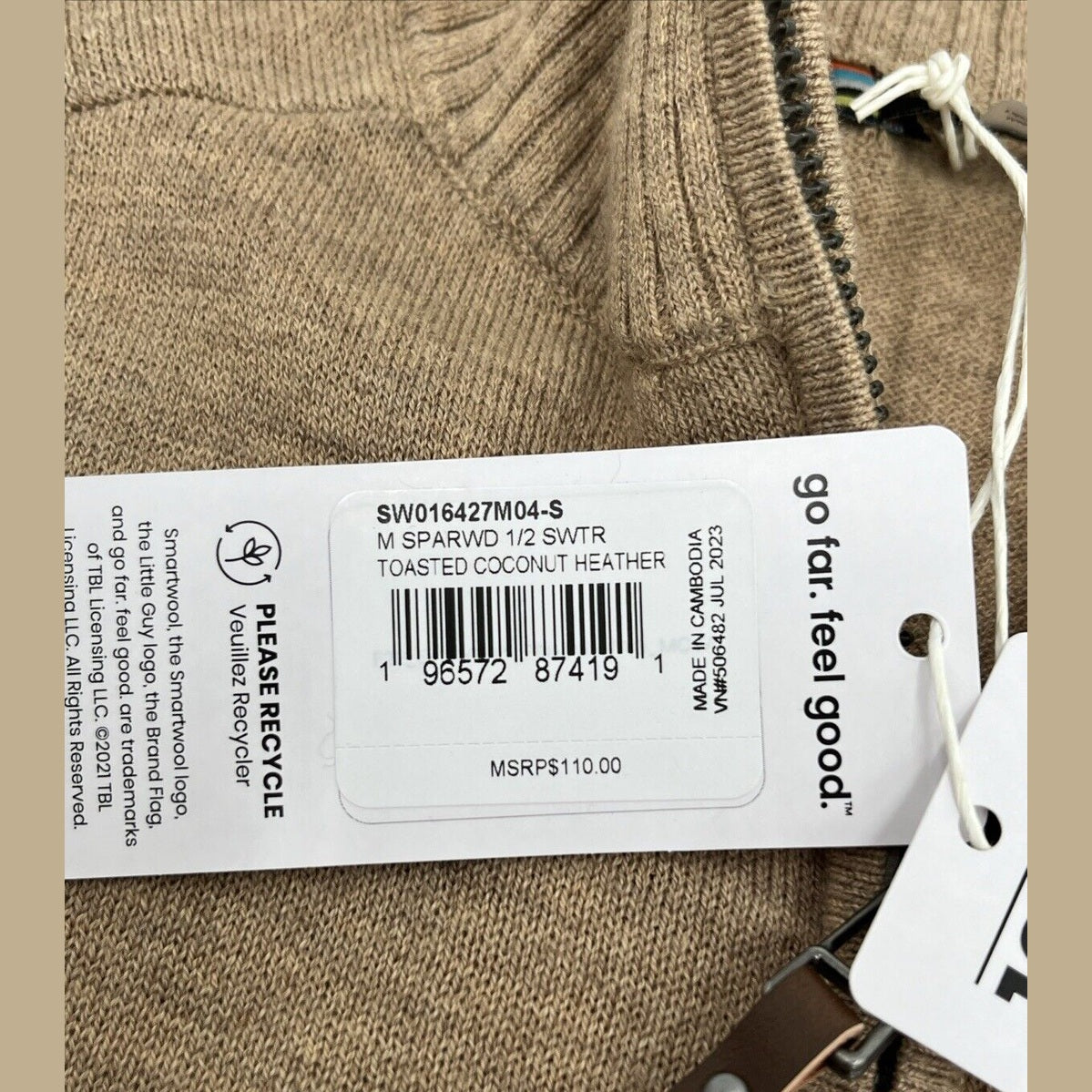 $110 Smartwool Men's Sparwood Zip-Neck Sweater-Toasted Coconut Heather-Small-New