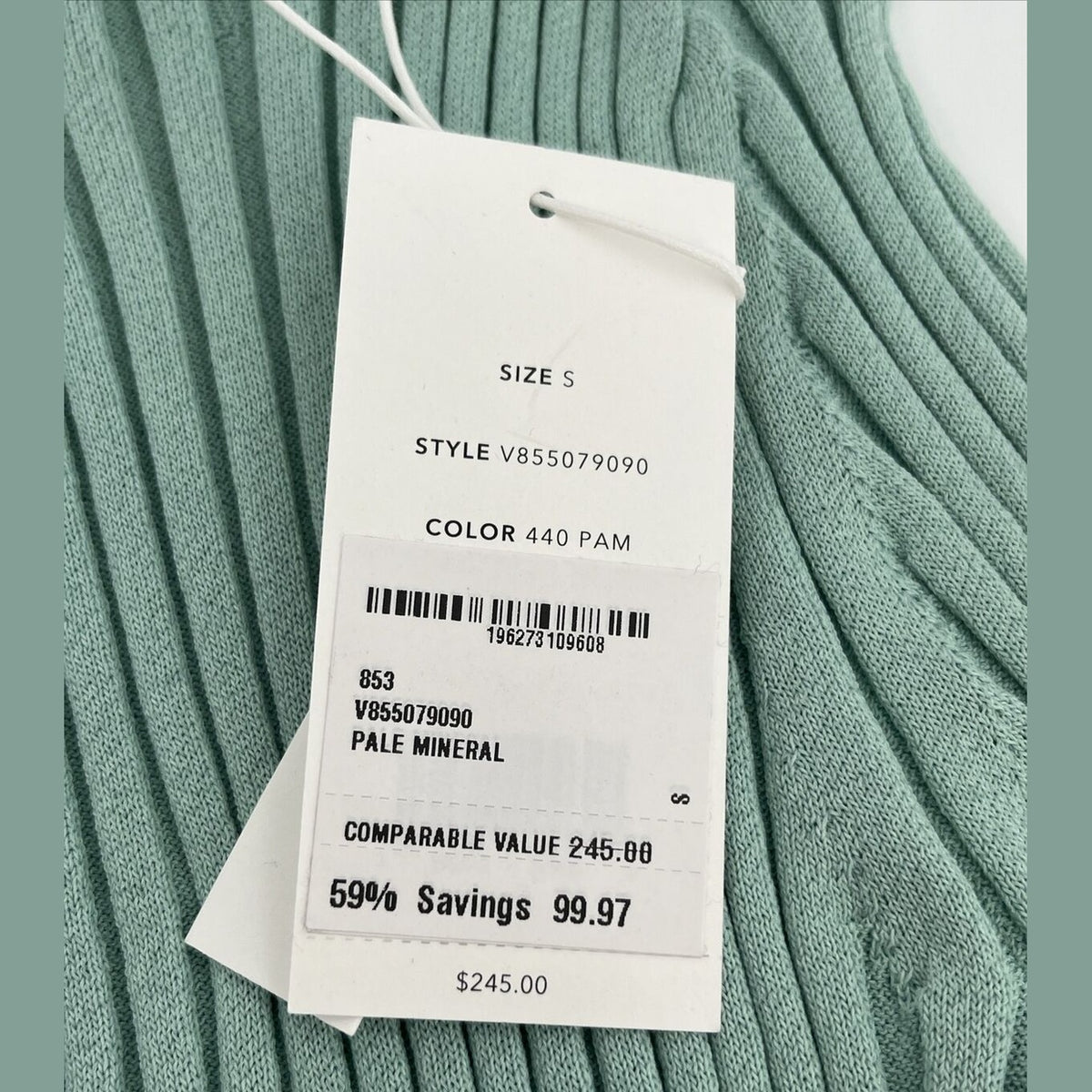 Vince Women’s Wide Ribbed Elbow Sleeve Top Form Fit -Pale Mineral-Small-New $245