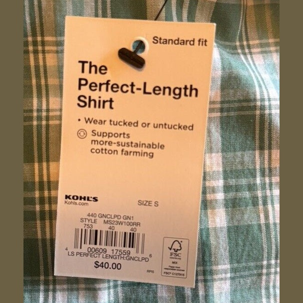 Sonoma Men’s Perfect-Length Button-Down Shirt - Green Blue Plaid- Small-NWT
