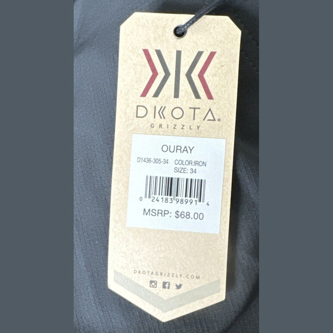 $68 Dkota Grizzly Men’s Ouray Shorts - Iron- Size 34 - NWT