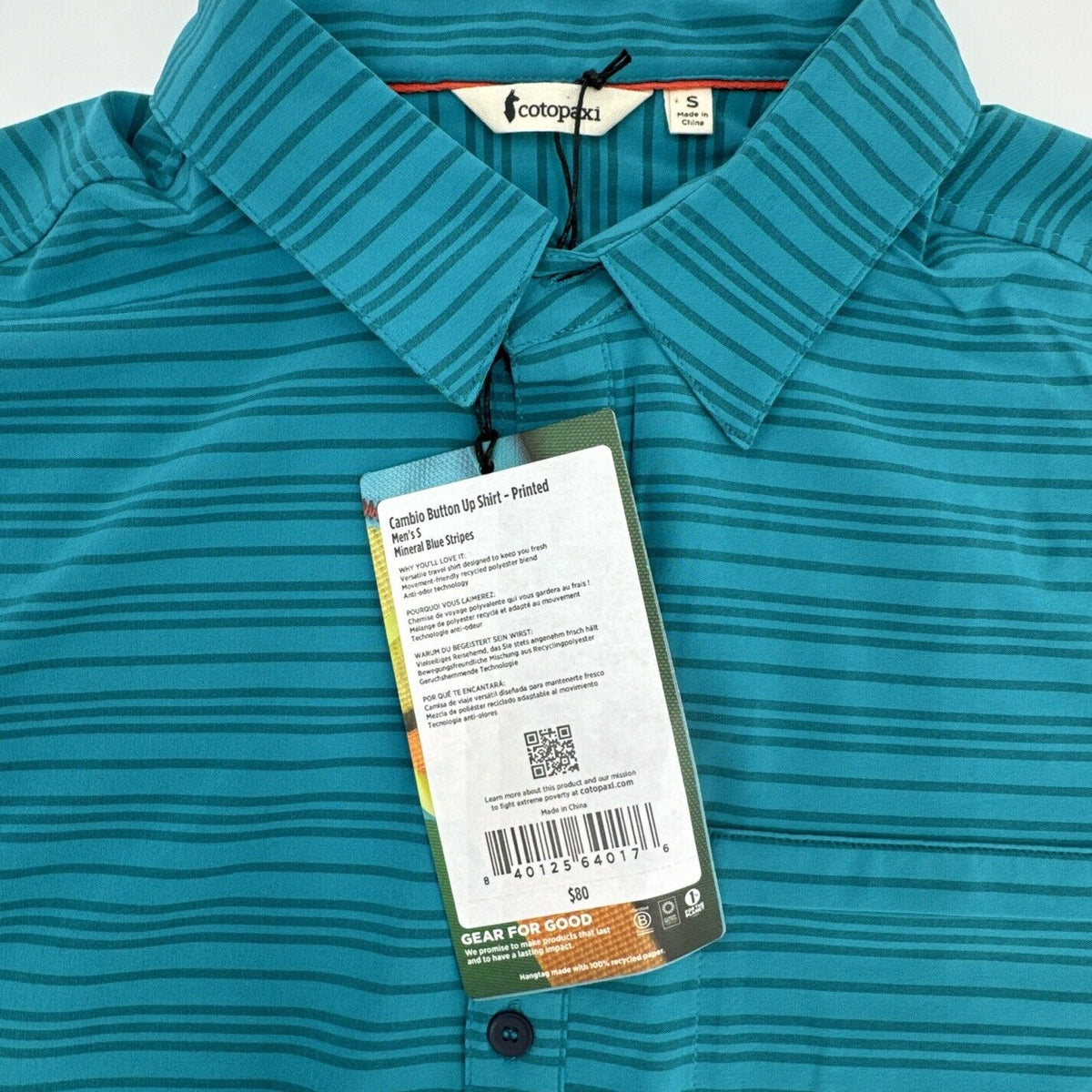 $80 COTOPAXI Men’s Cambio Button Up Short Sleeve Shirt-Mineral Blue Stripe-Small