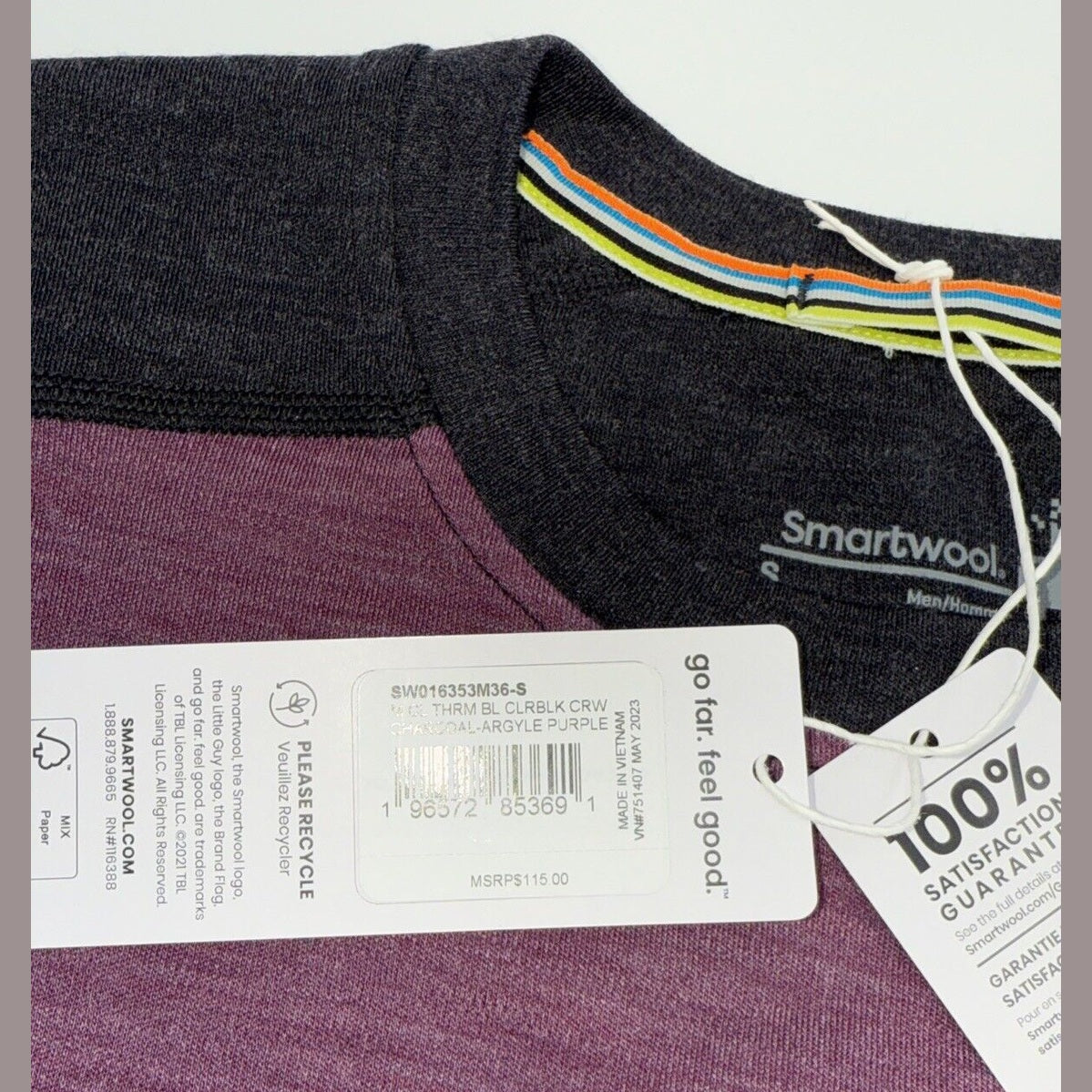 $115 SMARTWOOL Men’s Classic Thermal Merino Base Layer Crew Top-Colorblock-Small