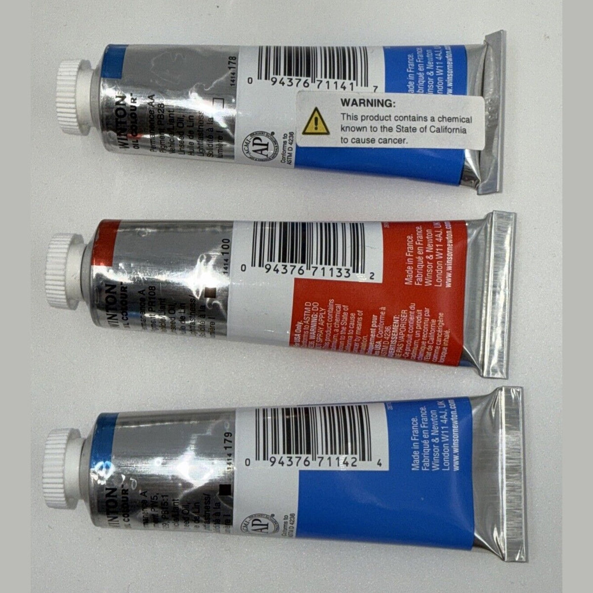 Combo Of 3 Winsor and Newton Winton Oil Colour 1.25 oz. Cadmium 1 Red,2 Blue