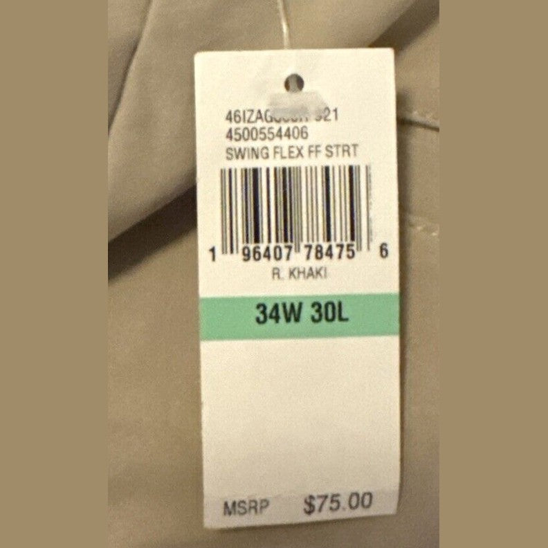 IZOD Men’s Saltwater Flat Golf Front Chino Pants - R Khaki - 34W 30L - NWT