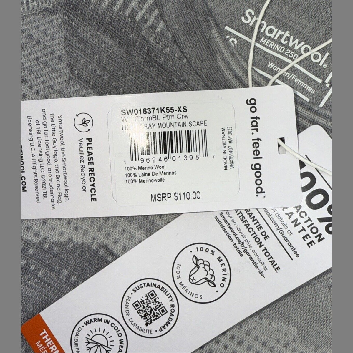 $110 Smartwool Women’s 250 Merino Wool Base Layer Crew Top-Gray Print-XSmall-New