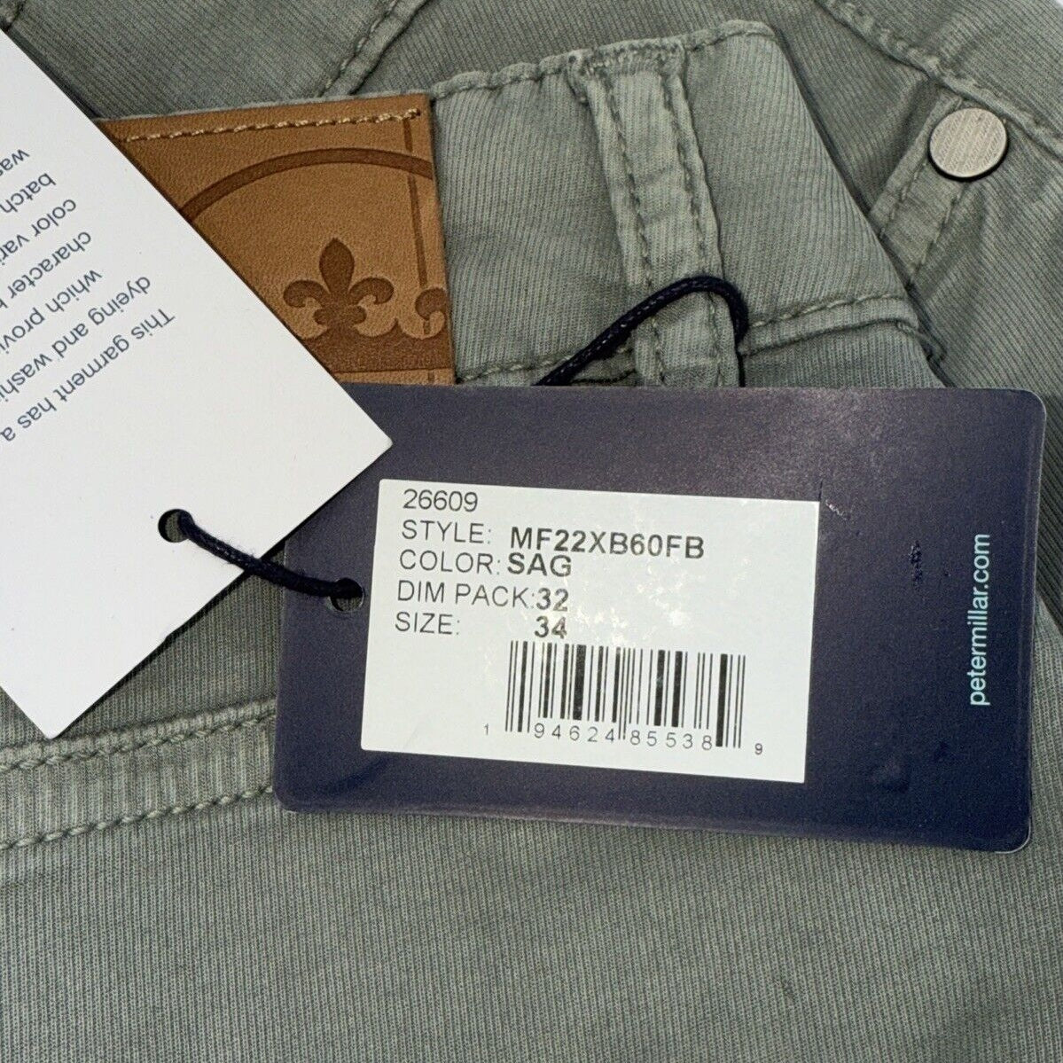 $200 Peter Millar Crown Men’s Crafted Wayfare 5 Pocket Pants-Sage- 34W x 32L-New