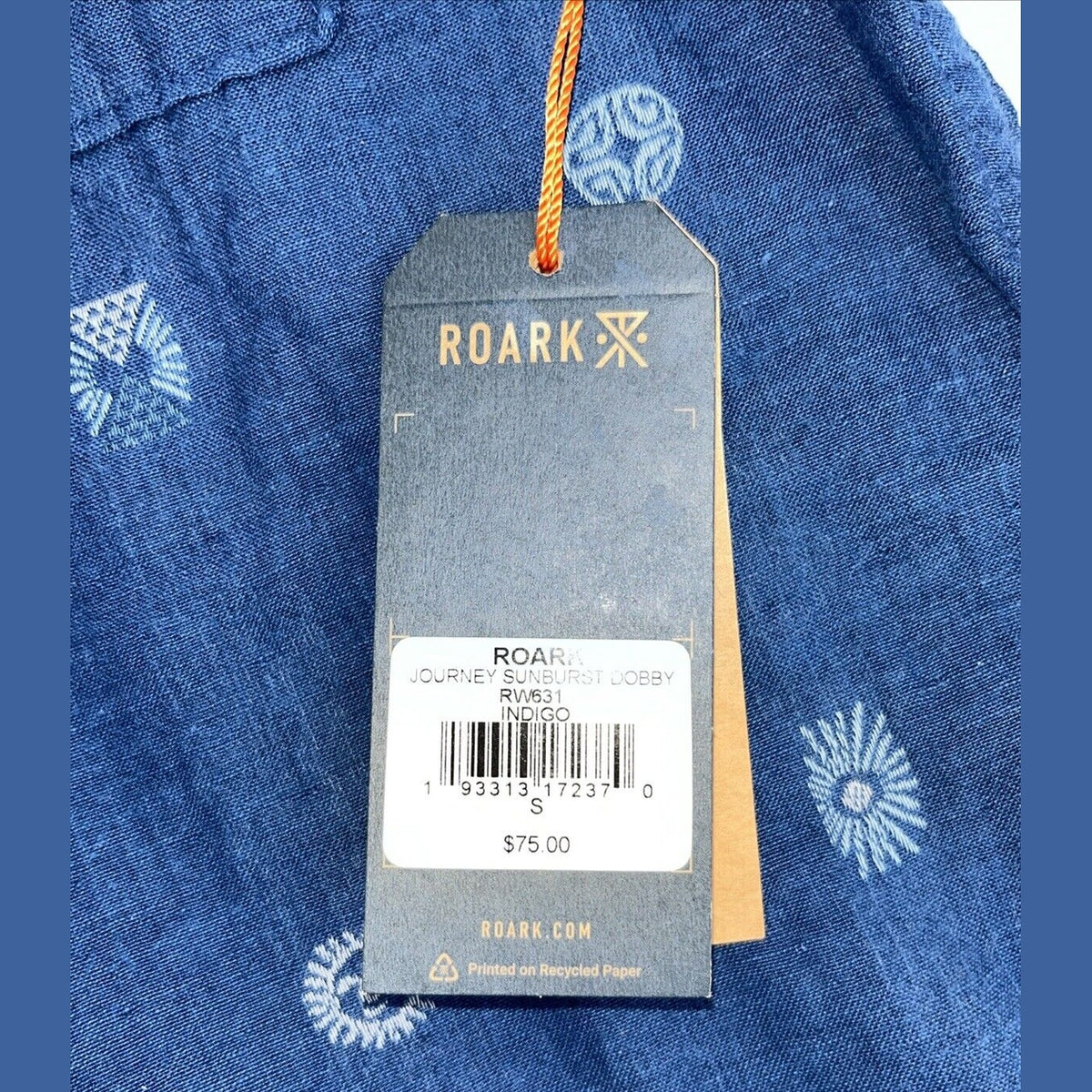 $75 Roark Men’s Journey Sunburst Button S/S Shirt-Dobby Indigo-Small-New Tag