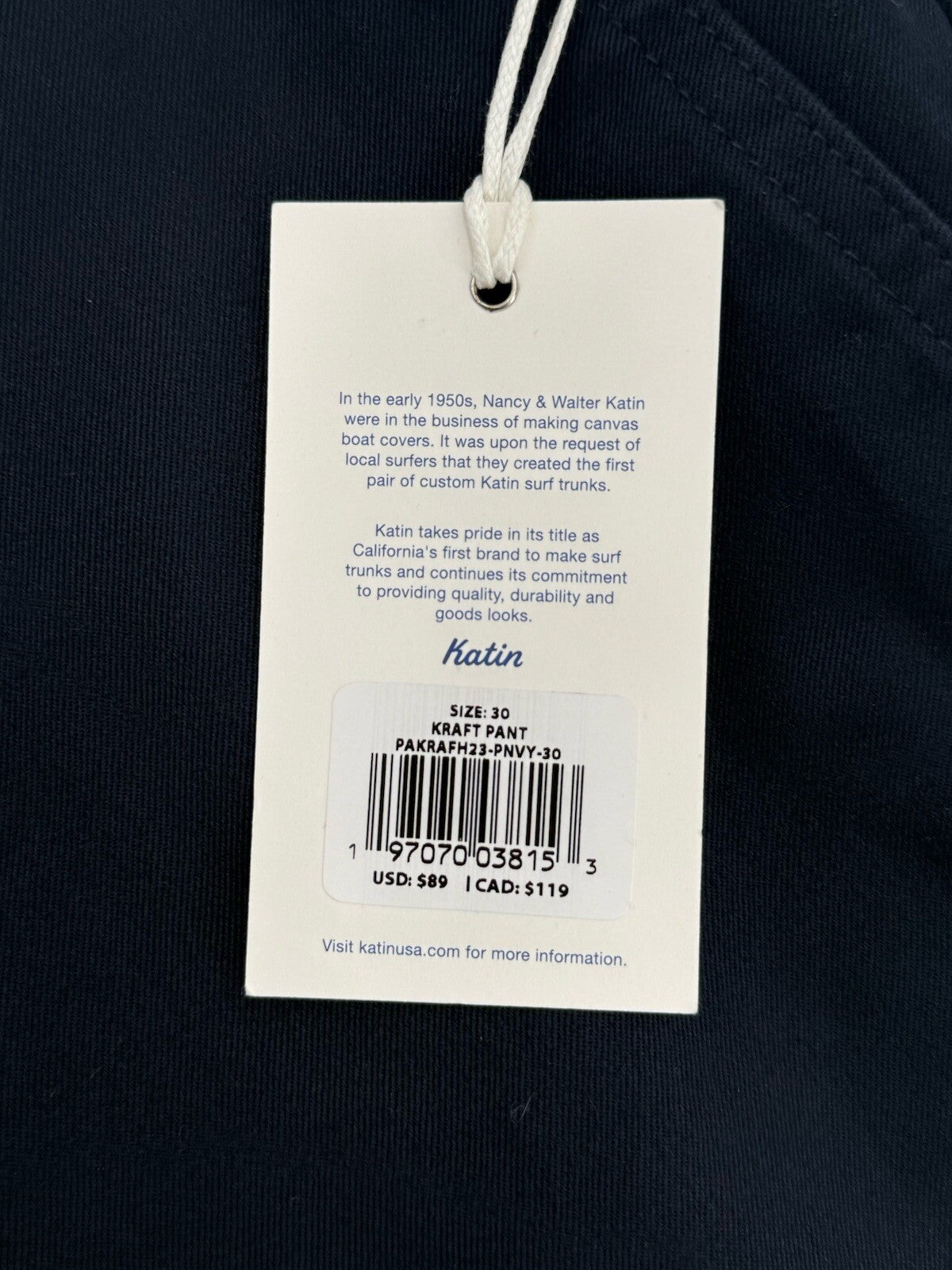 $89 Katin Men’s Kraft Pants Chino Size Cotton Spandex Stretch Pants-Navy-30W 31L