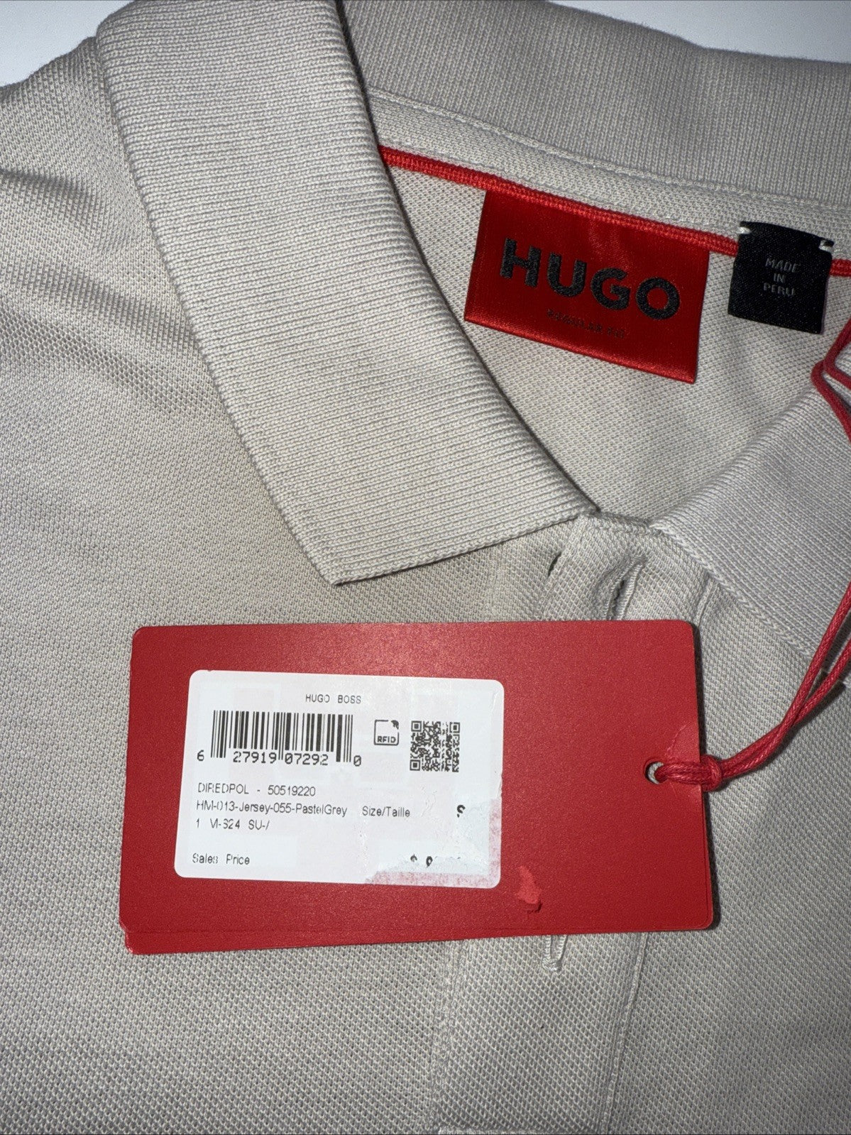 $98 HUGO BOSS Men’s PIQUE “Red Hot” Polo Shirt -Pastel Grey-Size: Small-NWT