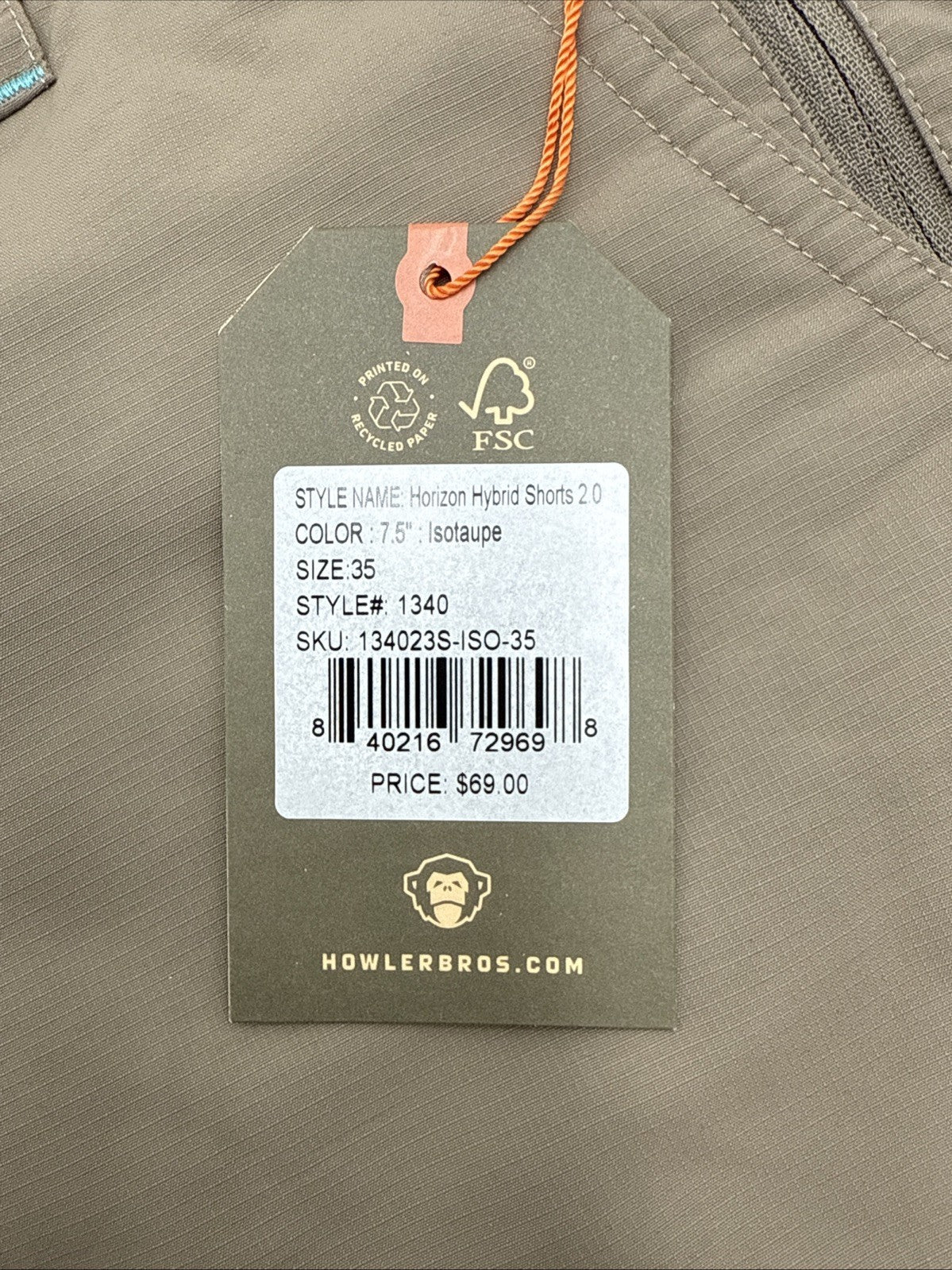 $69 Howler Bros Men's Horizon Hybrid Shorts 2.0 7.5" Inseam- Isotaupe- 35W - New
