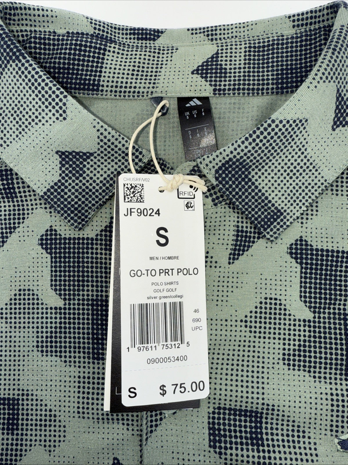 $75 Adidas Men’s Go To Printed Polo Shirt - Silver Green - Small - New Tags