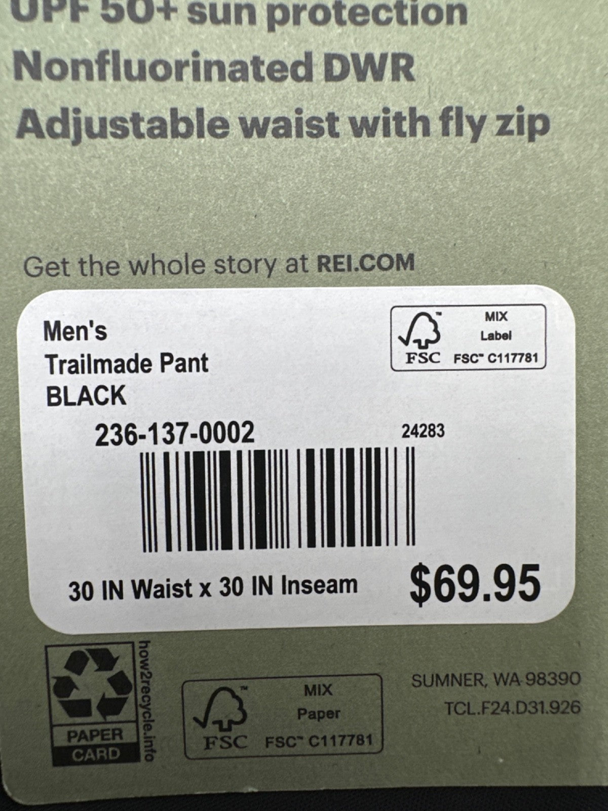 $70 REI Co Op Men's Trailmade Pants - Black - 30W x 30L - New With Tags
