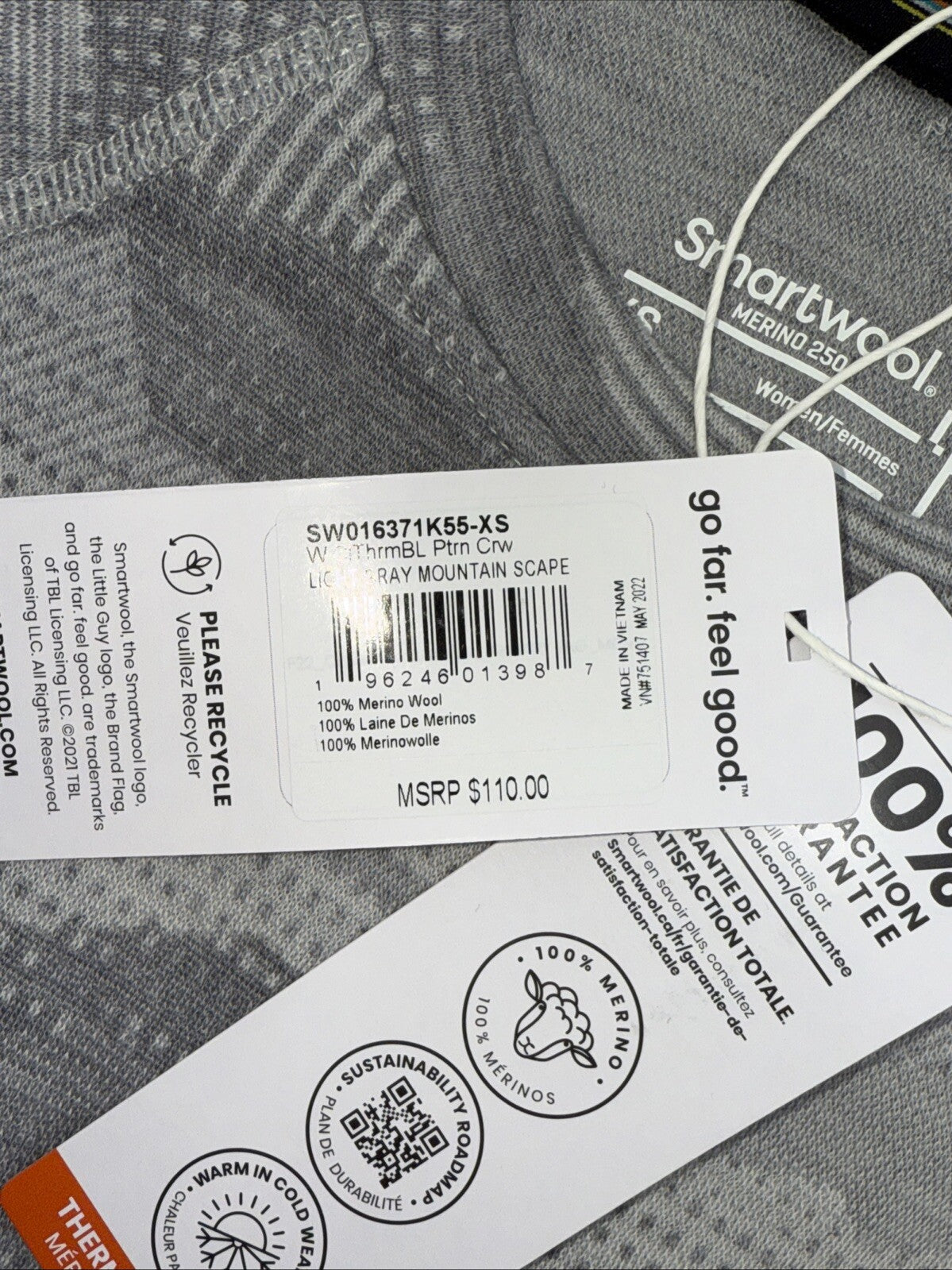 $110 Smartwool Women’s 250 Merino Wool Base Layer Crew Top-Gray Print-XSmall-New