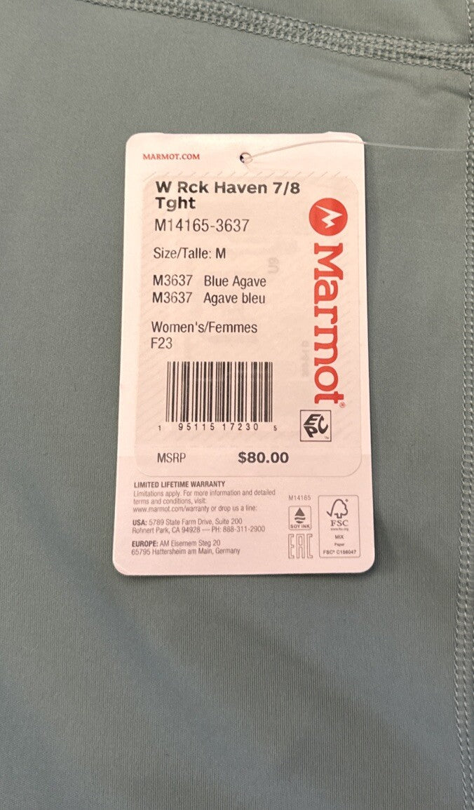 $80 Marmot Women's Rock Haven 7/8 Tights UPF 50- Blue Agave- Medium - NWT